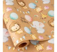 Wikadlik Kraft Birthday Wrapping Paper, 43cm x 10m Cute Lion Elephant Themed Colorful Balloon Rainbow Gift Wrap for Baby Boy Girl Kid