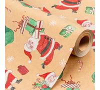 Wikadlik Kraft Christmas Wrapping Paper,Happy Santa Claus Holding Gift Box Present Wrap Roll for Holiday Festive Celebration - 43cm x 10m