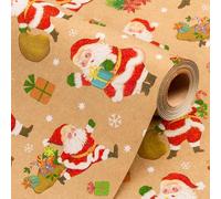 Wikadlik Kraft Christmas Wrapping Paper Roll - Happy Santa Claus with Cutting Lines Design Gift Wrap Paper - 43cm x 10m