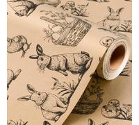 Wikadlik Kraft Easter Wrapping Paper Roll with Cut Lines on Reverse - Bunny Chickens Pattern Gift Wrap for Festive Crafts and Decorations - 43cm x 10m
