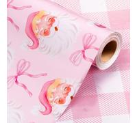 Wikadlik Laughing Santa Claus Christmas Wrapping Paper - 43cm x 10m Mini Roll Cute Bow and Plaid Pattern Pink Gift Wrap Paper for Holiday Festive Celebration DIY Craft
