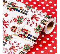 Wikadlik Nutcracker Christmas Wrapping Paper - 43cm x 10m Mini Roll Red Candy Cane Bow and Polka Dots Pattern White Gift Wrap Paper for Holiday Festive Celebration DIY Craft