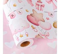 Wikadlik Pink Baby Wrapping Paper Roll 43cm x 10m - Cute Cloud Balloon Bow Heart Design Gift Wrap for Baby Girl, Birthday, Valentines Day, Mothers Day, Wedding, Graduation, Christmas