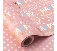 Wikadlik Pink Birthday Wrapping Paper - 43cm x 10m - Gold Foil Happy Birthday Lettering Polka Dots Reversible Gift Wrap Paper for Party Shower Holiday Celebration