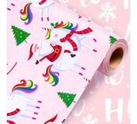 Wikadlik Pink Christmas Wrapping Paper Roll - Gift Wrap Paper 43cm x 10m Red Santa Claus, Colorful Unicorn, HO Lettering