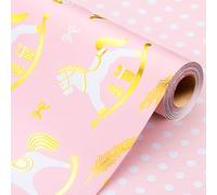Wikadlik Pink Gift Wrapping Paper - 43cm x 10m Foil Metallic Gold Wooden Horse and Polka Dots Wrap Paper Roll for Christmas Holiday Party