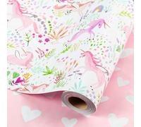 Wikadlik Pink Unicorn Wrapping Paper, 43cm x 10m Romantic Hearts Reversible Gift Wrap Paper for Birthday, Baby Shower, Mother's Day, Wedding, Valentine's Day