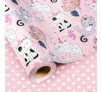 Wikadlik Pink Wrapping Paper, 43cm x 10m Cute Cat Kitten Polka Dots Reversible Gift Wrap Paper for Birthday, Baby Shower, Holiday Party, Wedding, Celebration