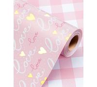 Wikadlik Pink Wrapping Paper Roll - 43cm x 10m Love Lettering Gold Heart Cute Plaid Pattern Gift Wrap for Valentines Day, Wedding, Birthday, Mothers Day