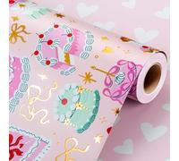 Wikadlik Pink Wrapping Paper, Romantic Cakes and Hearts Cute Mini Roll Gift Wrap Paper for Birthday, Baby Shower, Wedding, Bridal Shower Celebration - 43cm x 10m