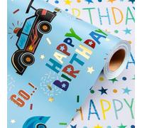 Wikadlik Race Car Birthday Wrapping Paper Roll - Colorful Happy Birthday Words Design Gift Wrap Paper for Kids, Fathers Day, Graduation - 43cm x 10m