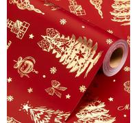Wikadlik Red Christmas Wrapping Paper - 43cm x 10m Metallic Gold Shine Christmas Tree Bell Bow Design with Grid Cutting Lines Gift Wrap Paper