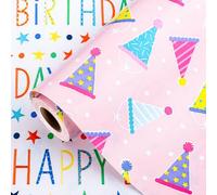 Wikadlik Reversible Birthday Wrapping, Lovely Pink Party Hat Happy Birthday Lettering Design Gift Wrap Paper Roll for Holiday Shower Celebration - 43cm x 10m