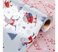 Wikadlik Reversible Christmas Wrapping Paper - 43cm x 10m - Funny Santa Clause Skiing/Snowflake/Tree Design Gift Wrap Paper for Holiday Party Celebration