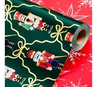 Wikadlik Reversible Christmas Wrapping Paper - 43cm x 10m Nutcracker Holding Christmas Tree Red Snowflake Design Green Gift Wrap Paper