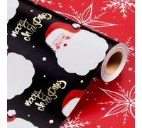 Wikadlik Reversible Christmas Wrapping Paper - Cute Laughing Santa Claus Red Snowflake Design Black Gift Wrap Paper - 43cm x 10m