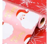 Wikadlik Reversible Christmas Wrapping Paper - Cute Laughing Santa Claus Red Snowflake Design Pink Gift Wrap Paper - 43cm x 10m