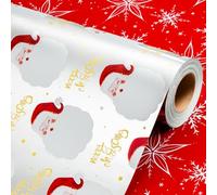 Wikadlik Reversible Christmas Wrapping Paper - Cute Laughing Santa Claus Red Snowflake Design Silver Gift Wrap Paper - 43cm x 10m