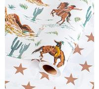 Wikadlik Reversible Cowboy Wrapping Paper - 43cm x 5m Rodeo Horse Star Design Western Gift Wrap Roll for Boys Birthday, Fathers Day, Christmas
