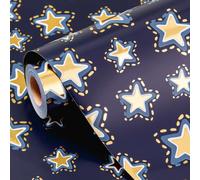 Wikadlik Reversible Gift Wrapping Paper Roll, 43cm x 10m Bright Colored Thick Packing Paper for Birthday Wedding Holiday Party - Gold Stars/Dark Blue Sky/Stripes Design