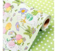 Wikadlik Reversible Light Green Wrapping Paper - Bunny Rabbit Easter Egg Happy Easter Lettering Purple Flowers Gift Wrap - 43cm x 10m