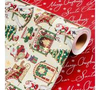 Wikadlik Santa Claus Christmas Wrapping Paper - 43cm x 10m Mini Roll Vintage Fireplace Horse and Christmas Ball Pattern Elegant Beige Gift Wrap Paper for Holiday Festive Celebration DIY Craft