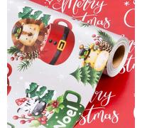 Wikadlik Silver Christmas Wrapping Paper Roll - 43cm x 10m Cute Funny Animal Mug Tree Berry and Red Merry Christmas Lettering Design Gift Wrap Paper