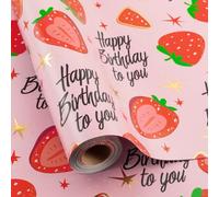 Wikadlik Strawberry Wrapping Paper Roll, 43cm x 10m Black Happy Birthday Lettering Design Pink Gift Wrap Paper for Girl Birthday Party Celebration