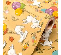 Wikadlik Vintage Kraft Easter Wrapping Paper, Bunny Balloons Wild Flowers Easter Wrapping Paper Roll with Grid Cutting Lines for Kids - 43cm x 10m
