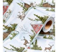 Wikadlik Watercolor Christmas Wrapping Paper, 43cm x 10m Christmas Tree and House Reindeer Pattern Gift Wrap Roll for Holiday, Winter, Party Celebration, DIY Crafts
