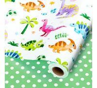 Wikadlik Watercolor Colorful Dinosaur Wrapping Paper - Reversible Green Polka Dots Gift Wrap Paper for Kids Boys, Birthday, Baby Shower, New Born - 43cm x 10m