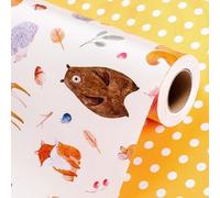 Wikadlik Wrapping Paper Roll, 43cm x 10m Cute Fox Bear Owl Pattern Orange Polkda Dots Gift Wrap Paper for Boy Girl Birthday Party Celebration, Wedding, Holiday