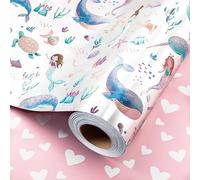 Wikadlik Wrapping Paper Roll, 43cm x 10m Metallic Silver Shine Mermaid Pink Heart Pattern Gift Wrap Paper for Birthday, Summer, Sea Theme, Holiday