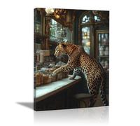 WIKEO Animals Canvas Wall Art Modern Cute Leopard Mural Picture African Wild Animals Artwork Painting -for Living Room Bedroom Kitchen Home and Office Wall Decor(Beige)-40x60cm Framed