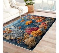 WIKEO Beach Machine Washable Rugs Retro Ocean Plants Flowers for Living Room Large Vintage Area Rug - Bedroom Soft Short Pile Non Slip Carpet Kitchen Dining Outdoor(Red 40)-150x210cm