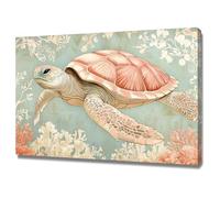 WIKEO Beach Pictures on Canvas Wall Art Beach Turtle And Plant Modern Prints Seaview Landscape Artwork - for Living Room Bedroom Home Office Wall Decoration(Pink)-30x40cm Framed