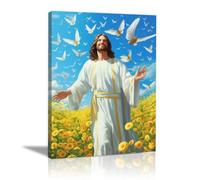 WIKEO Christ Bible Wall Art Jesus Opens His Hands Mural Jesus Poster Boho Living Room Home Decor -Perfect Religioust Canvas Painting Gift for Women Modern Print(Yellow 3)-50x70cm Framed