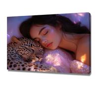 WIKEO Forest Animal Rustic Wall Art Beautiful Girl Leopard Farmhouse Wall Decoration -African Wild Animals Canvas for Cabin Bedroom Living Room Canvas Prints(Pink)-60x90cm Framed