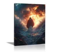 WIKEO Jesus Pictures Jesus Walking On Water Religious Decor Christian Wall Art- Minimalist Picture Poster for Living Room Bedroom Office Canvas Painting(red)-40x60cm Framed