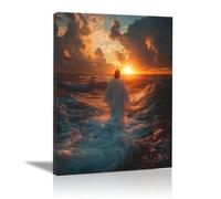 WIKEO Modern Jesus Wall Art Jesus Walking On Water Canvas Print -Office Family Bedroom Decorative Posters Gift -Wall Decor Poster Bedroom Painting Office(orange)-80x120cm Framed