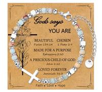 WIKHIA Christian Cross Bracelet for Women Girls, Adjustable Stainless Steel Beaded Cross Bracelets, First Communion Confirmation Easter Religious Bapstim Natural Gemstone Jesus Bracelet Gifts for Her