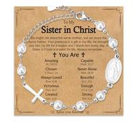 WIKHIA Pearl Cross Charm Bracelet for Girls, Baptism First Holy Communion Confirmation Easter Gifts for Teens Girls Kids, Catholic Religious Christian Jewelry for Goddaughter, Adjustable, Stainless