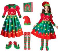 WIKITOT Elf Costume Kids, Light up Elf Costumes with Hat, Socks for Girls Age 3 to 10 Years, Christmas Fancy Dress for Kids & Toddlers Gifts(M)