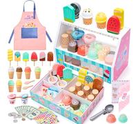 WIKITOT Ice Cream Toys for Kids, 51 Pieces Wooden Ice Cream Cart Role Play Toys for 3 to 7 Year Old Girls Boys Bithday Gifts