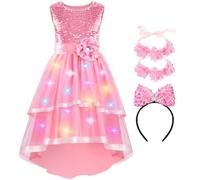 WIKITOT Light up Girls' Sequin Dresses, Sleeveless Princess Flower Dress with Headband for Girls Aged 3 to 12 Year Old, Summer Dress for Party, Prom, Birthday, School(S) Pink