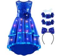 WIKITOT Light up Girls' Sequin Dresses, Sleeveless Princess Flower Dress with Headband for Girls Aged 3 to 12 Year Old, Summer Dress for Party, Prom, Birthday, School(XL) Blue