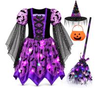 WIKITOT Witch Costume Kids, Light up Halloween Costumes for Girls Aged 3-10 | Light-up Witch Dress with Witch Hat & Broom, Pumpkin Candy Bag, Magical Style for Halloween Role Play & School Party