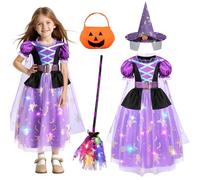 WIKITOT Witch Costume Kids,Light Up Halloween Costumes for Girls Kids,Fancy Dress with Accessories
