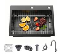 WIKLMOTH Undermount Kitchen Bar Sink, 304 Stainless Stee Deep Single Bowl Sink Handmade for Rv Prep Home Wet Bar Sink with Bottom Grid for Workstation (Black Drop In, 30"x22"x9")