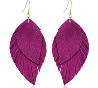 WIKMAB Genuine Leather Handmade Fringe Feather Lightweight Dangle Drop Earrings Teardrop Tassel Hook Earrings for Women, One size, Leather, No Gemstone